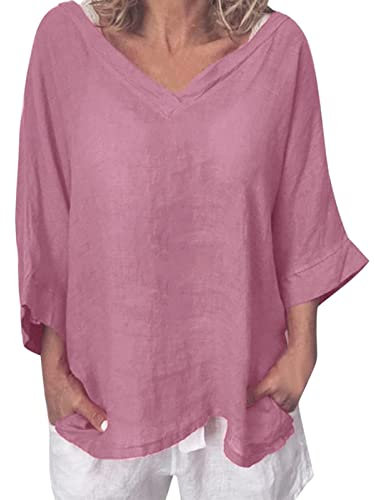 Susenstone T Shirt Femme Lin Ample Chic Couleur Unie Vintage Coton et Lin Baggy Tops Casual Oversize Manche 3/4 Col V Chemisie Chemisier Eté Lâche Respirant Longue Tuniques Rose XXL