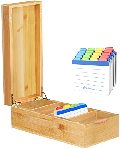 Neando Bamboo Business Card Organizer for 2x3.5 Cards – 600-Card Capacity Wooden Holder with Lid, 4 Compartments, Includes 20 Thick Index Cards – Natural Mini Card Filing Box
