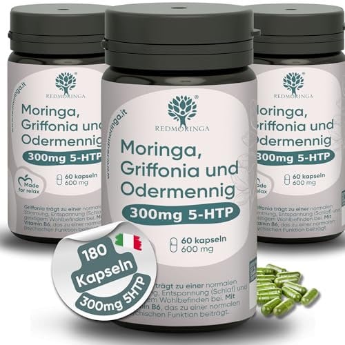 180 Kapseln 300mg 5 HTP aus Griffonia | Fördert Wohlbefinden & innere Ruhe | Mit Agrimonia Bachblüte, Vitamin B6 & Bio-Moringa | Vegan, Anti-Stress, L Tryptophan Hochdosiert - RedMoringa