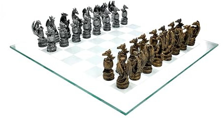 Schachspiel Drachen Gold vs. Silber - Fantasy Schach Set Glasbrett Schachfiguren Figuren