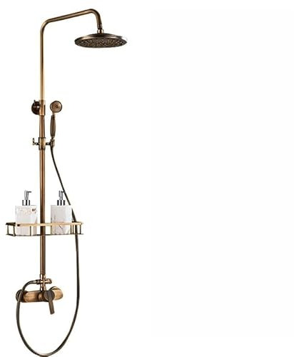 Gold Antik Retro Dusch Armatur Duschset Antik Rund Regendusche Brause Nostalgie Duschsystem Duscharmatur 3-Funktionen mit Überkopfbrause Regenwalddusche und Handbrause Brausegarnitur