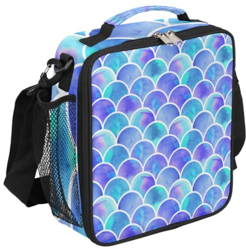 GeMeFv Lonchera de sirena para mujeres y hombres, reutilizable, pequeña, con correa ajustable para el hombro (escamas azules)