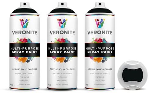 Veronite® Matt Black Spray Paint 400 ml | Triple Pack | Multi-Purpose | Wood, Metal, Plastic, Primer, Radiator, Furniture, Auto, Fabric | Excellent Coverage & Adhesion | RAL 9005
