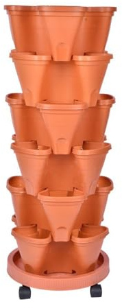 6 Tier Vertical Planter, Stacking Tower, Strawberry Vertical Planters, Stackable Herb Vegetable Planters with Movable Wheels, Garden Planters for Strawberries, Flowers, Herbs, Vegetables(Brick Red)