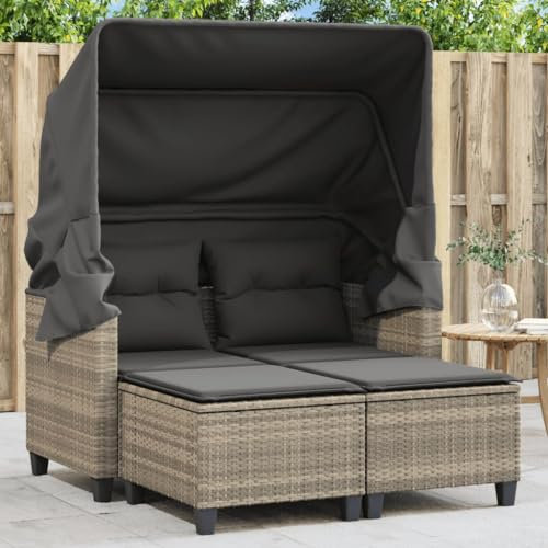 Homgoday Gartensofa 2-Sitzer mit Dach und Hockern Gartenlounge Set Balkonsofa Rattansofa Gartensofa Loungesofa Terrassensofa Lounge Sofa Sitzgruppe Gartenset Hellgrau Poly Rattan