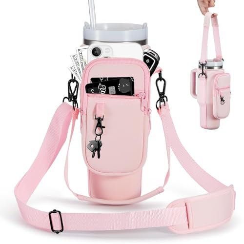 BULKITEM 30oz Water Bottle Carrier Bag with Phone Pocket for Pink Stanley 30 oz Tumbler with Handle, Neoprene Water Cup Holder Pouch with Strap for Valentines Stanley Cup Accessories