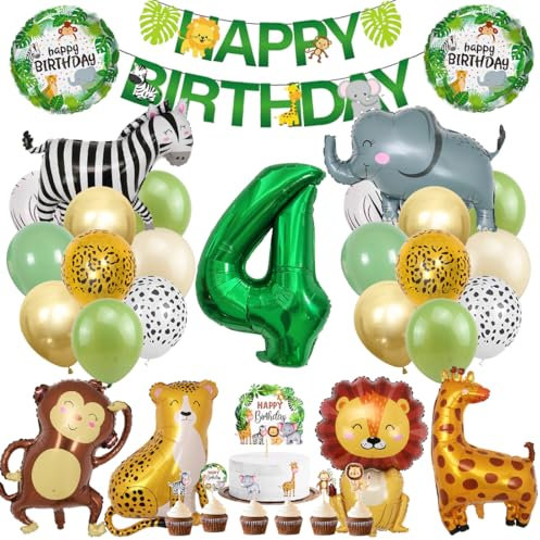 Dschungel Deko 4 Geburtstag, Dschungel Geburtstagsdeko 4 Jahr, Safari Tiere Folienballon 4, 41 Stück Waldtiere Luftballon Dekoration, Waldtiere Grüner Luftballon für Mädchen Junge Kinder