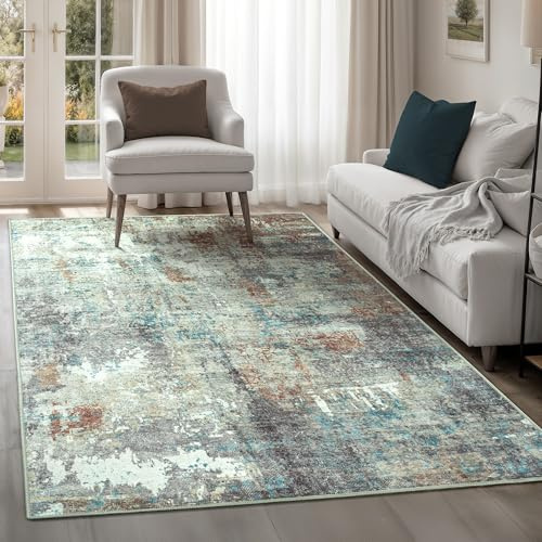 artyrugs Waschbarer Teppich, 200x290cm, 75% Recycelte Baumwolle, Kurzer Flor, rutschfeste Rückseite, Fusselt Nicht, Teppiche für Wohnzimmer, Schlafzimmer, Küche, Flur, Büro, Dunkeltürkis & Braun