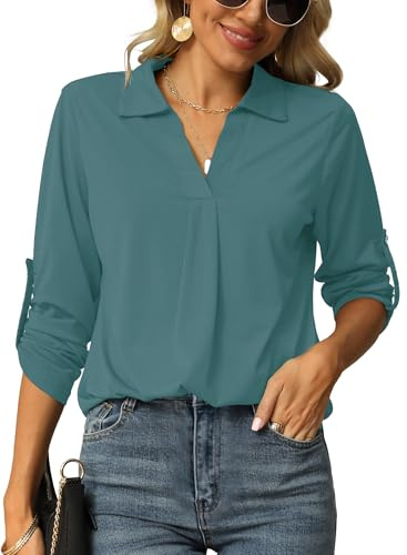 Odosalii Blouses for Women UK V Neck Tops Summer Plain Rolled Up Sleeve Casual T Shirts Summer Business Clothes Size 12 14,Blue Green