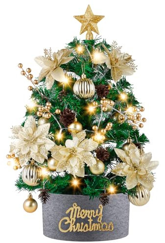 Winthai Mini Christmas Tree 60cm, Small Christmas Trees with Lights and Rich Golden Ornaments, 2FT Prelit Artificial Tabletop Christmas Tree for Xmas, Home, Kitchen, Dining Table Decor.