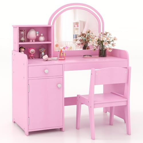 COSTWAY 2 en 1 Bureau Enfant Fille avec Chaise & 120 Lumières LED, Coiffeuse Enfants Fille avec Miroir Acrylique, 2 Etagères & Tiroir, Dispositif Anti-basculement, Charge 50kg pour Enfant de 3 Ans+