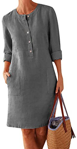 OMZIN Damen Baumwolle Leinen Kleid Sommerkleid 3/4 Ärmel Kleider Mit Taschen Dunkelgrau XXL