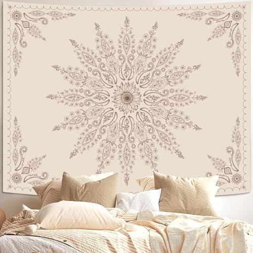 Fowocu Boho Floral Mandala Tapisserie für Schlafzimmer, ästhetischer Bohemian-Blumen-Wandteppich, Beige, Hippie, indischer großer Wandteppich, Wandbehang für Wohnzimmer, Wohnheim, Dekoration, 203 x