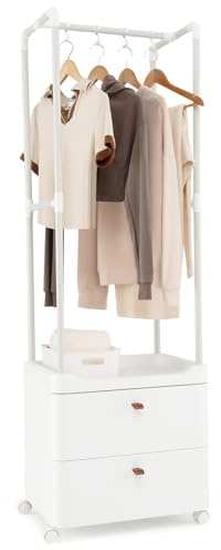 GIANTEX Porte-vêtements à Roulettes, Portant à Vêtements en Métal Robuste avec Etagère de Rangement, 2 Tiroirs, 4 Crochets, Penderie Autoportante Mobile 161 CM,pour Chambre, Entrée, Balnc