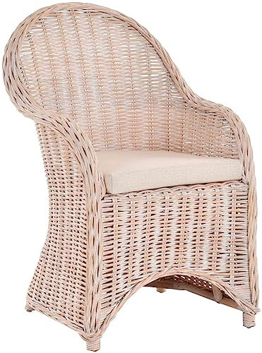 Esszimmerstuhl aus Korbgeflecht, mit Armlehne, modernes natürliches Rattan-Design, Antik-Weiß