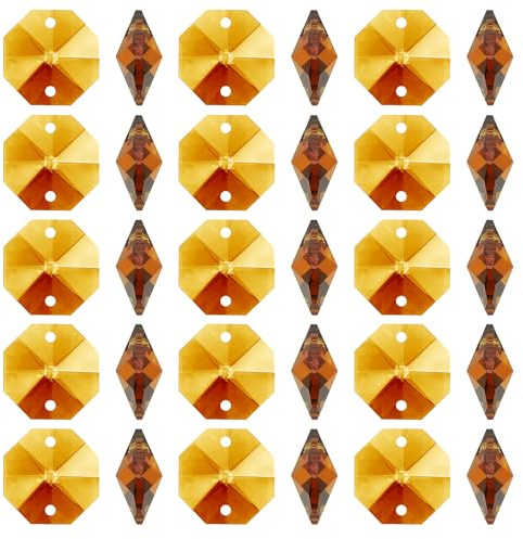 PATIKIL Abalorios de Cristal K9 en Forma de Octágono con 2 Agujeros, Paquete de 100 Piezas de 14mm, Piezas de Prismas de Lámpara de Araña, Adorno Colgante para Manualidad, Color Ámbar