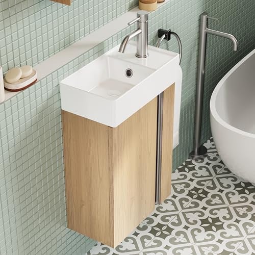 BRIDGE BENO Badezimmerschrank 40 cm – Badmöbel Set mit Waschbecken, Waschtisch Gäste WC, Kleines Waschbecken mit Unterschrank, Waschtischplatte für Aufsatzwaschbecken (Golden Sand)