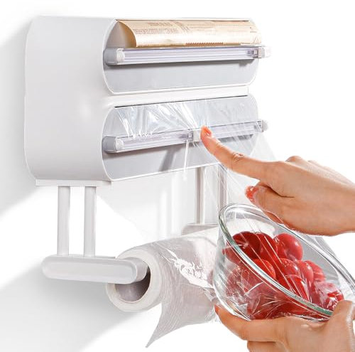 Distributeur de Film Alimentaire 3 en 1, Coupe-Capsule, Distributeur magnétique de Papier Aluminium et de Film Alimentaire, Porte-Rouleau de Cuisine magnétique, Porte-Rouleau Mural de Cuisine (Gris)