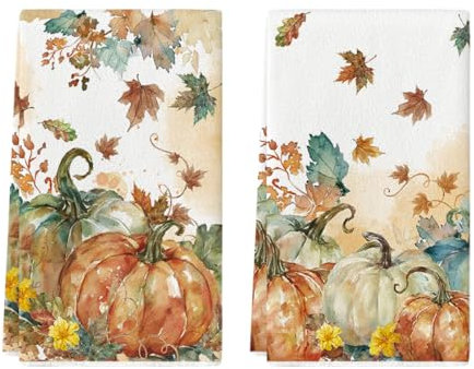 Artoid Mode Aquarell Ahornblätter Kürbisse Herbst Küchentücher Geschirrtücher, 42x65 cm Fall Saisonale Dekoration Polyester Handtücher 2er Set