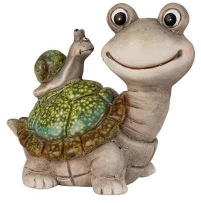 MF Dekorative Schildkröte mit Schnecke, Keramik Gartenfigur, 13,5 x 14,5 cm, Mehrfarbig