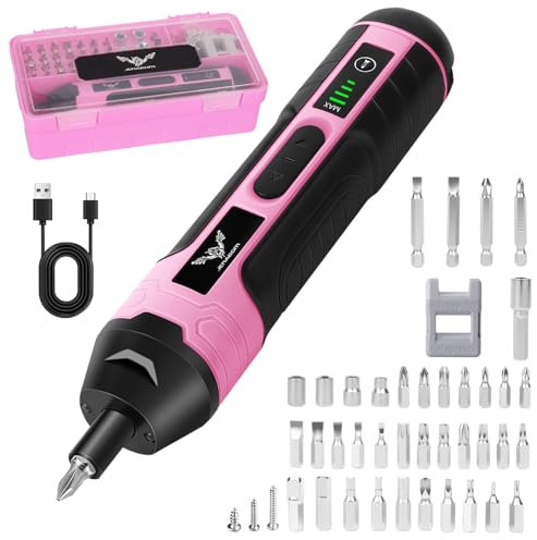 JENABOM Electric Cordless Screwdriver for Women, 3.6V Rechargeable Screwdriver Pink with LED Light, 5N.m Max Torque, 4-Gear Torque, 105 Pcs, Ideal for Daily & Light Industrial Use