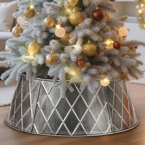 Lanpn Metal Christmas Tree Collar 60cm, Christmas Tree Ring Collar for Small Mini Pencil Xmas Stand Cover Real Artificial Trees Indoor Outdoor Decoration (Silver, Diamond)
