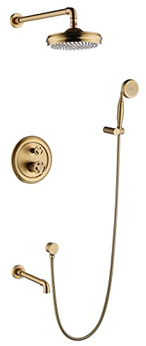 IUokLU Duschsystem aus gebürstetem Gold 229 cm industrielle Regendusche Wasserhahn-Set an der Wand montierter Regenduschkopf aus Messing 3 Funktionen 2 Handräder,