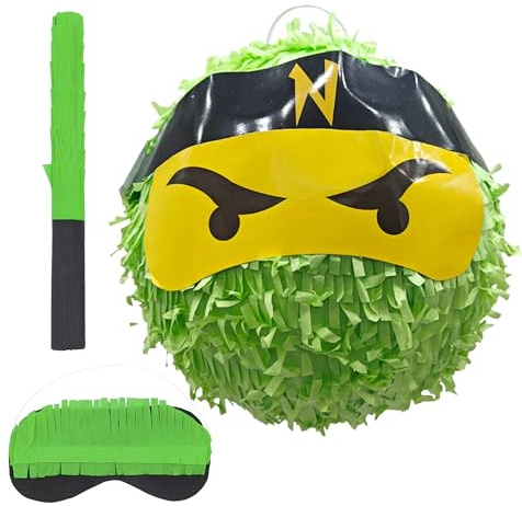 Relaxdays Pinata Ninja, mit Stab & Maske, Partypinata Kinder, für Geburtstag, Schlagpinata zum Befüllen, Ø 25 cm, grün