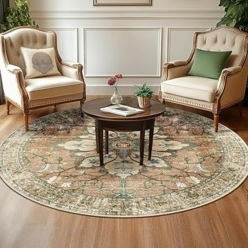 Generisch Teppich Rund,Vintage Floral Shabby Chic Dekor, Grün, ø 200 cm, Großer Kurzflor Teppiche für Wohnzimmer Schlafzimmer Esszimmer Küche,