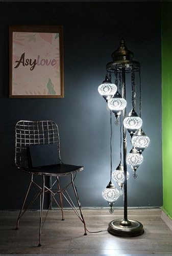 Halay Turkish Floor Lamp Handmade 7 Balls Oriental Floor Lamp Mosaic (White)