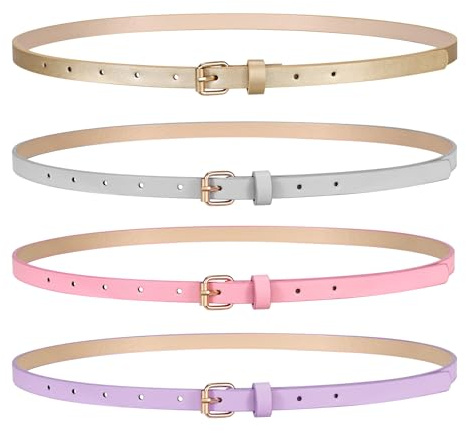 LEACOOLKEY 4 Stück Skinny Damen Ledergürtel für Kleider Dünner Taillengürtel für Jeans Hosen mit Goldschnalle