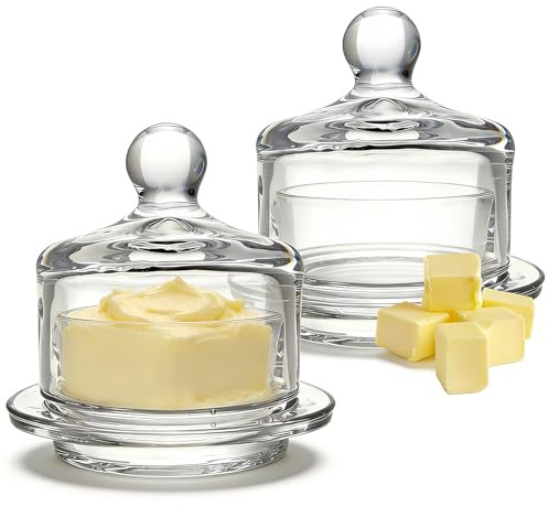 Glass Butter Dish with lid, 2 Pack Small Butter Dish, Clear Serving Storage Container, Round Butters dishs, for Butter, Jam, Parfait, Dessert,Sugar,Small Cake