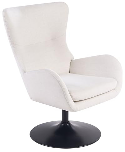 Beliani Sillón Giratorio tapizado de Tela Patas macizas de Hierro Negro Base giratoria de 360° cojín del Asiento Blanco Crema Vigge