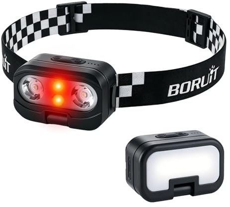 BORUIT Linterna frontal LED recargable, sensor superbrillante y luz roja de corta distancia, IP66 resistente al agua, mini linterna frontal para correr, camping, pesca, etc.