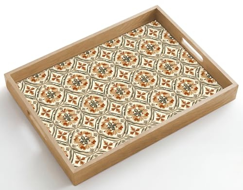 OnlyWow© Holztablett Küchentablett Servier Tablett Eiche Serviertablett | 50x35 cm - Rechteckig - Holz Servierplatte Mit Henkel Tray Kaffeetablett Elegant - antik - farbenfroh