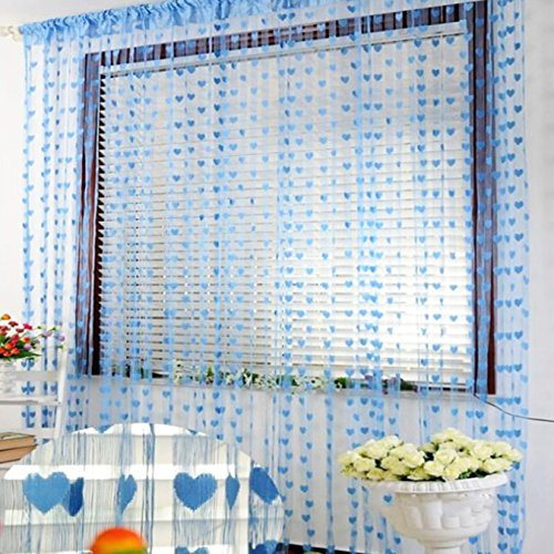 UOOOM Vorhang Fadenvorhang Türvorhang 100x200 cm mit Herz-Muster, Quaste, Fenstervorhang, hellblau