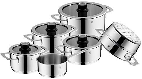 WMF VarioCuisine Topfset Induktion 6-teilig, Kochtopf Set mit Silence- Glasdeckel, Cromargan Edelstahl poliert, Thermometer, Töpfe Set unbeschichtet
