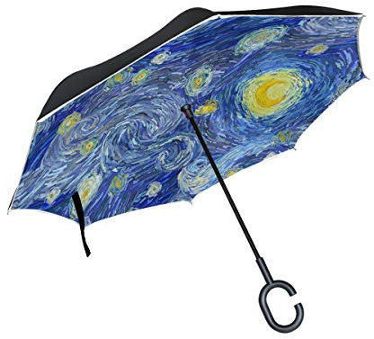 Wamika Van Gogh Regenschirm, umkehrbar, Gelb, Blau, doppelschichtig, Winddicht, selbststehend, UV-Schutz, Nicht automatisch, groß, gerade, auf dem Kopf, C-förmiger Griff für Auto Regen