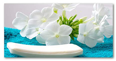 Tulup Glas-Bild Wandbild aus Glas - Wandkunst - Wandbild hinter gehärtetem Sicherheitsglas - Dekorative Wand für Küche & Wohnzimmer 100x50 - Blumen & Pflanzen - Weiße Blumen Spa - Blau