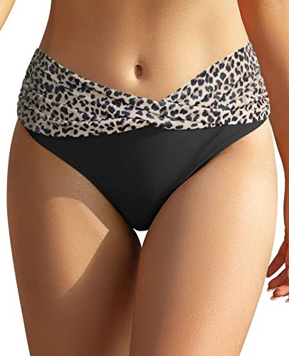 SHEKINI Maillot de Bain Femme Mid-Waisted Bas de Bikini Triangle Classique Bas de Maillot de Bain Devant Plissé Ruched Moderate Coverage Maillot de Bain（L，Noir-léopard Couleur Lotus）