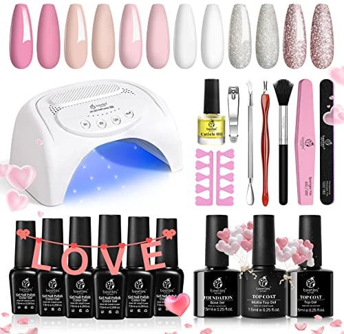 Beetles Gel Nail Polishes Starter Kit, 6 Colors Nail Salon Set with 48W Nail Lamp, Pink Valentines Decorations French White Glitter Pink Nude Gel Nail Polish with Base Top Coat Nail Manucure DIY