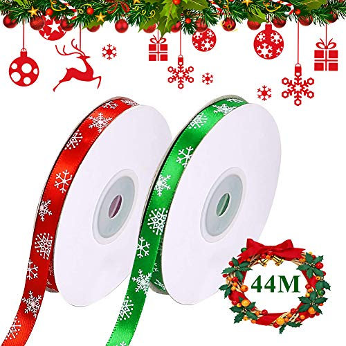 Cintas de Raso de Navidad, 2 Rollos Cinta de Navidad Roja y Verde Cintas de Regalo de 10mm con Copo de Nieve, 44M/50 yardas Cinta Navideña para Envolver Regalos/Manualidades/Lazos/Árbol de Navidad