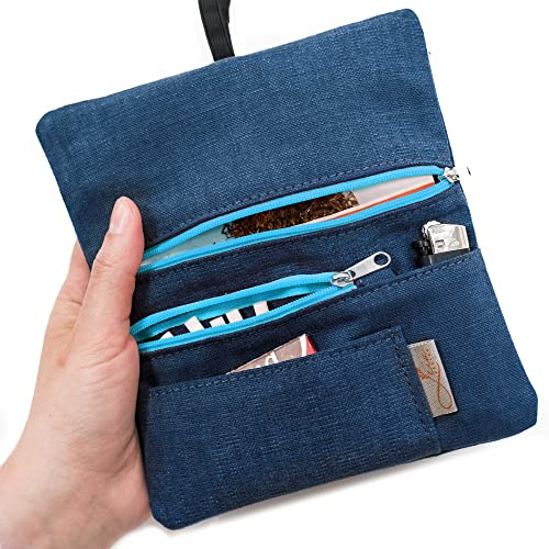 Porta Tabacco Cartine e Filtri - Cucito a Mano - Astuccio Portatabacco in Tessuto con Scomparti per Cartine, Filtri, Accendino, Carte e Contanti – Uomo e Donna (Blu - Celeste)