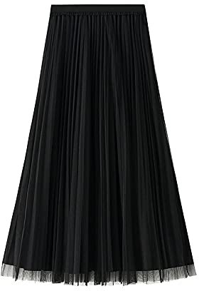 VBHJK Plissee Rock,Frauen Pure Color Mesh Einfache Mode Sommer High Waist Elastic Stretchy Plissee Basic Casual Midi Maxirock Für Dame Mädchen Party Prom Office Rock, Schwarz, One Size