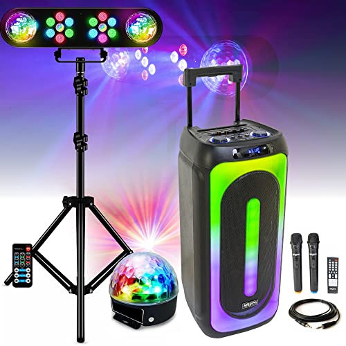 IBIZA Sound Light - Pack Lumière avec portique DJ + 1 Enceinte Sono 1000w MAGIC-SOUND1000 2 micros sans Fil- Bluetooth USB - idéal pour Vos soirées Anniversaires Salle des fête Fiesta
