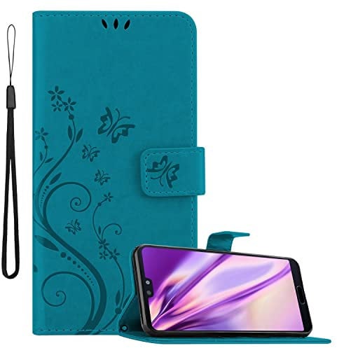 Cadorabo Hülle kompatibel mit Huawei P20 Blumen Design aus Premium Kunst Leder Flip Klappbare Stoßfeste Magnetische [Standfunktion] [Kartenfächern] Cover Hülle für Huawei P20 Tasche in Blau