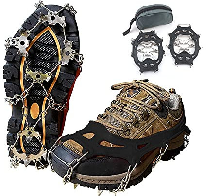 Ice Klampen Steigeisen mit 19 Zähne,Schuhkrallen Anti Rutsch Schuhspikes, Edelstahl Spikes Steigeisen, Schuhspikes für Winterwanderungen Bergsteigen Klettern (L(41-44), schwarz)
