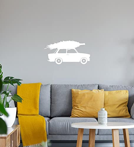 Trabant mit Weihnachtsbaum Wandtattoo Weiß Aufkleber 87 x 45 cm