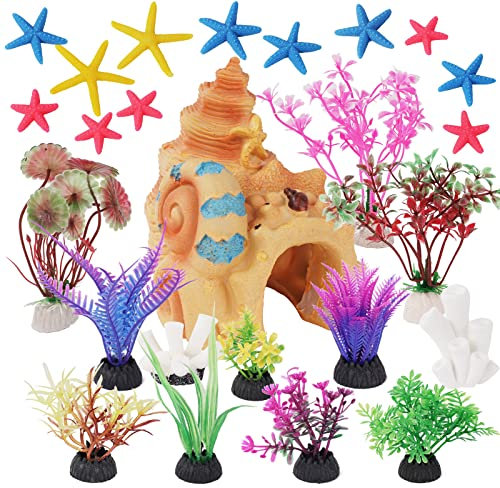 vsshe Aquarium Pflanzen Deko,25 Stück Künstliche Wasserpflanzen Aquarium Fisch Tank Dekoration Plastikpflanzen Dekoration Harz Aquarienpflanzen Set mit Schneckenburg für Kleine Fischhöhlen Verstecke
