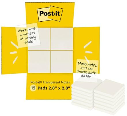 Post-it Transparent Notes, 12 Blöcke, 36 Blätter pro Block, 73 mm x 73 mm, Durchsichtig - Repositionierbare Haftnotizen für Studenten, Für Notizen in Büchern beim Lernen